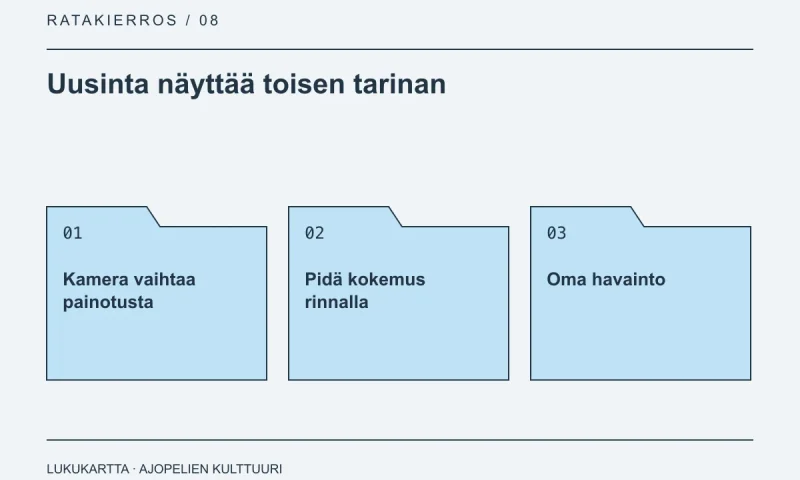 Lukukartta: Uusinta näyttää toisen tarinan. Kamera vaihtaa painotusta, Pidä kokemus rinnalla, Oma havainto.