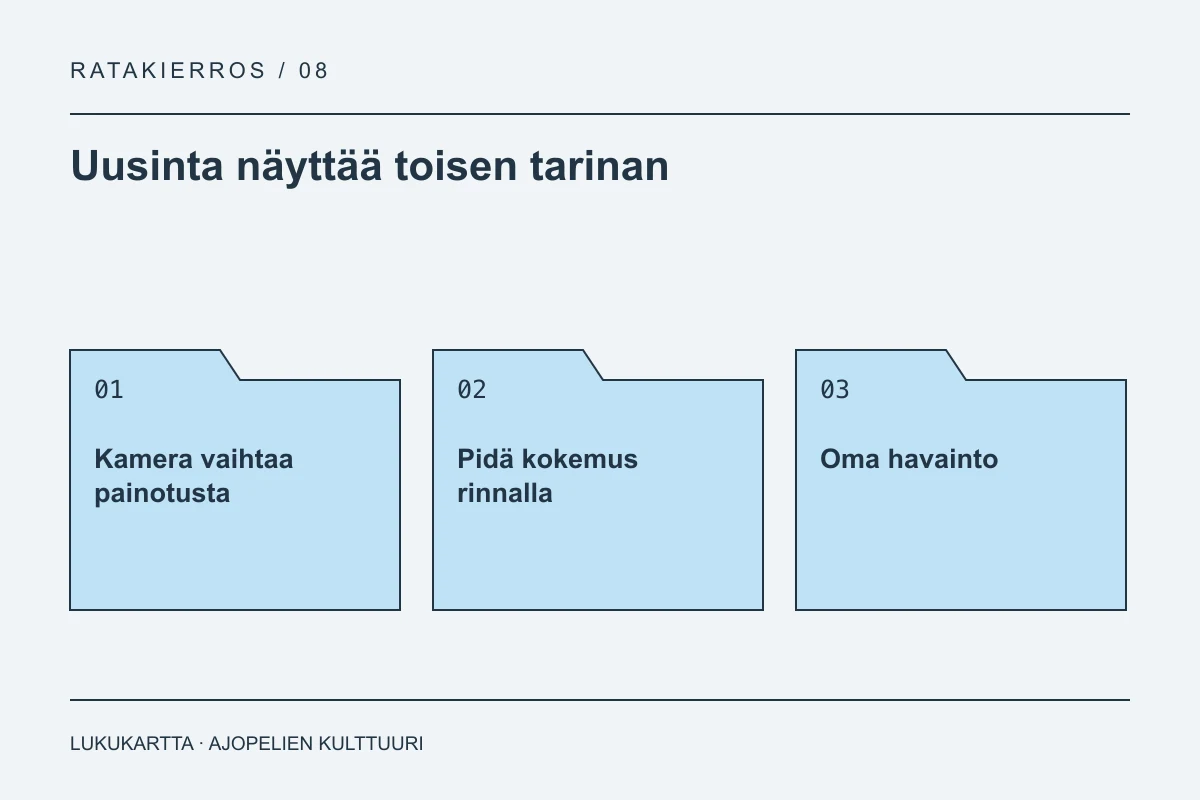 Lukukartta: Uusinta näyttää toisen tarinan. Kamera vaihtaa painotusta, Pidä kokemus rinnalla, Oma havainto.